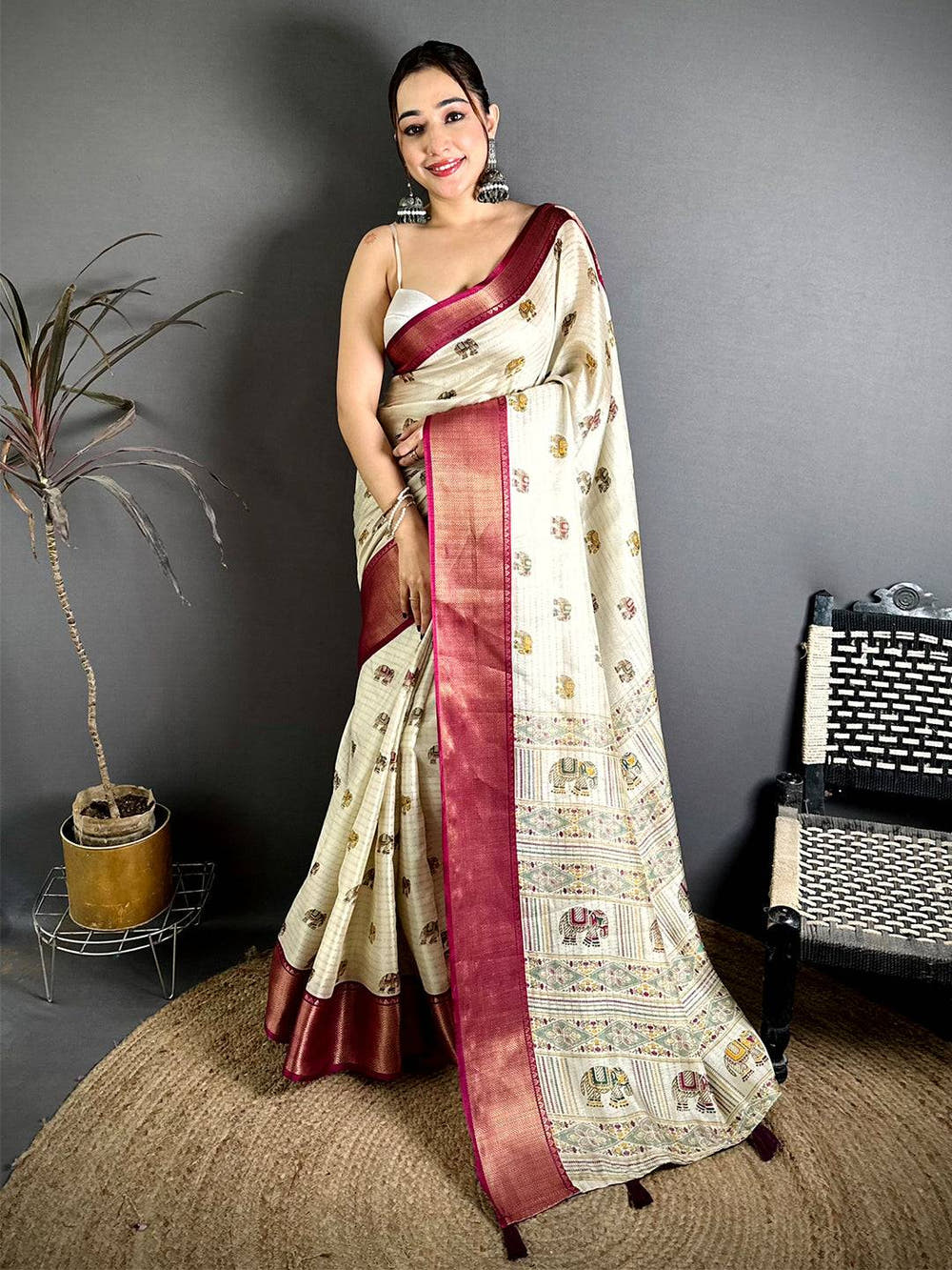 Classic Ajrakh Block Kalamkari Dola Saree
