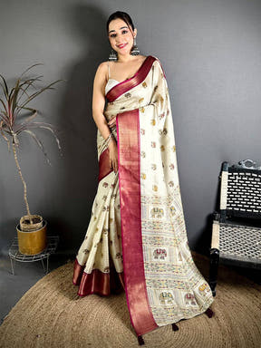 Classic Ajrakh Block Kalamkari Dola Saree