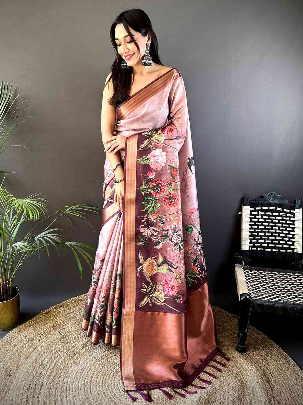 Rose Pink Floral Grace Soft Silk Tissue Saree