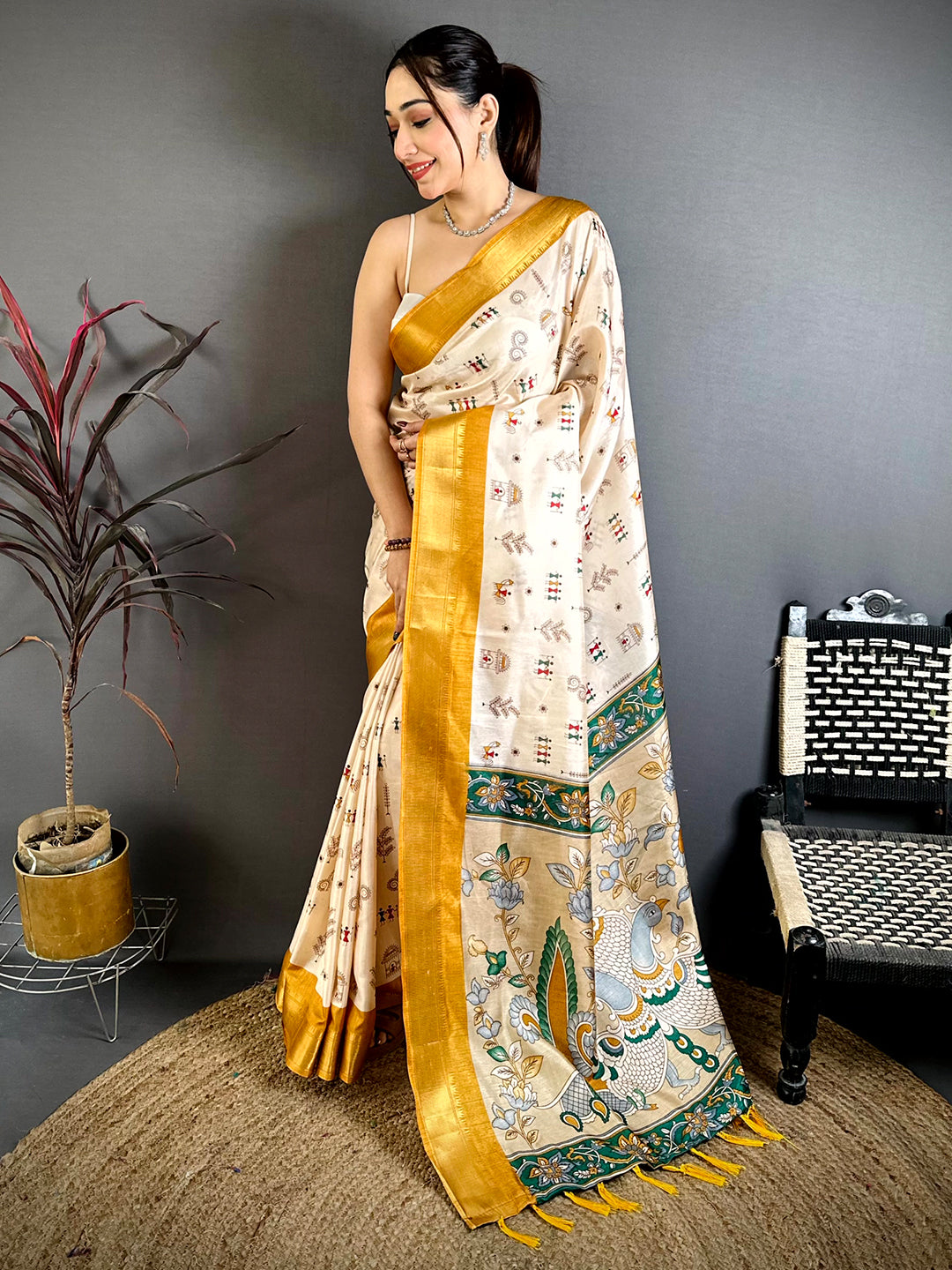 Yellow Soft Dola Silk Warli Print Saree