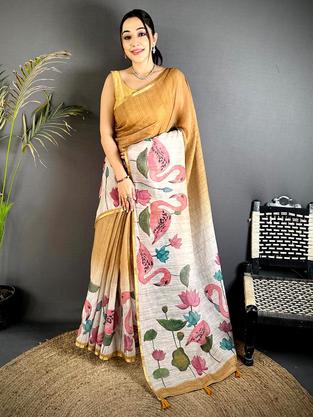 Mustard Swan Gold Zari Linen Saree