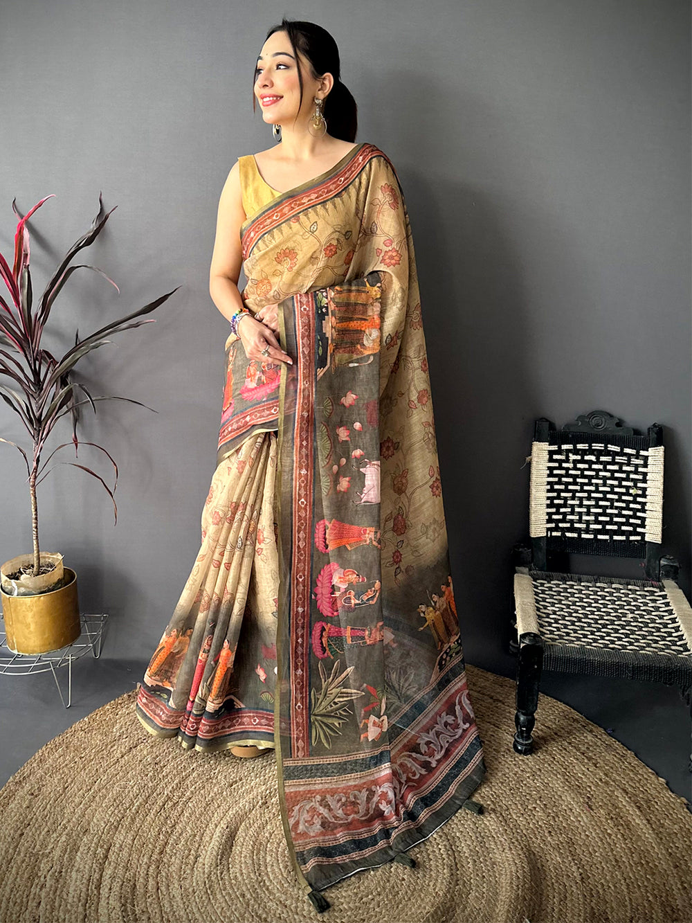 Artistic Pen Kalamkari Digital Linen Saree



