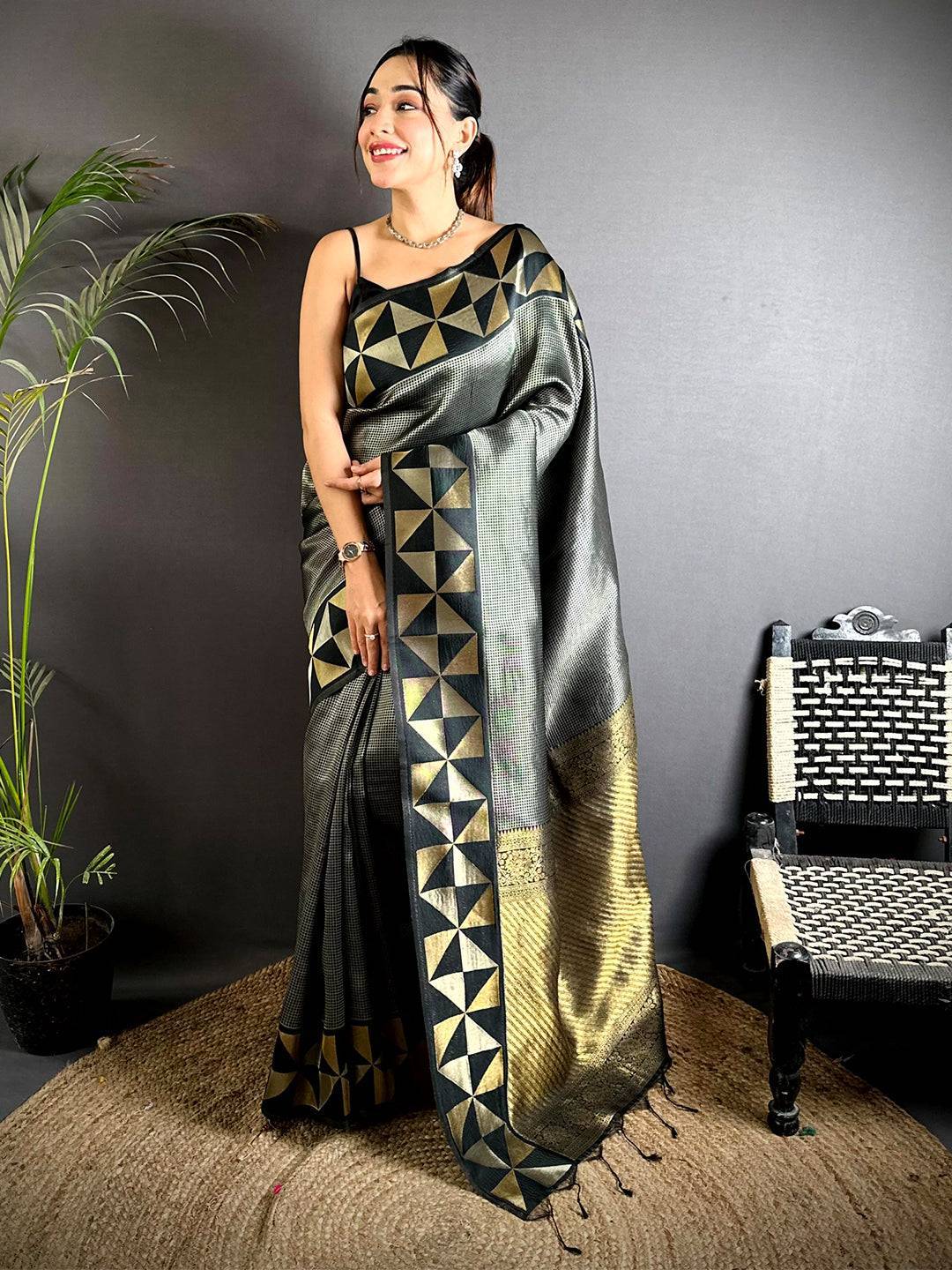Black Sona Chandi Weave Katan Silk Saree

