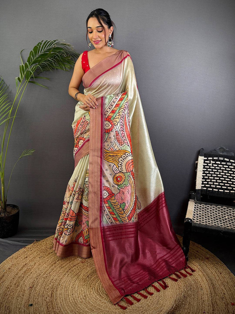 Pista Tussar Silk Kalamkari Print Saree