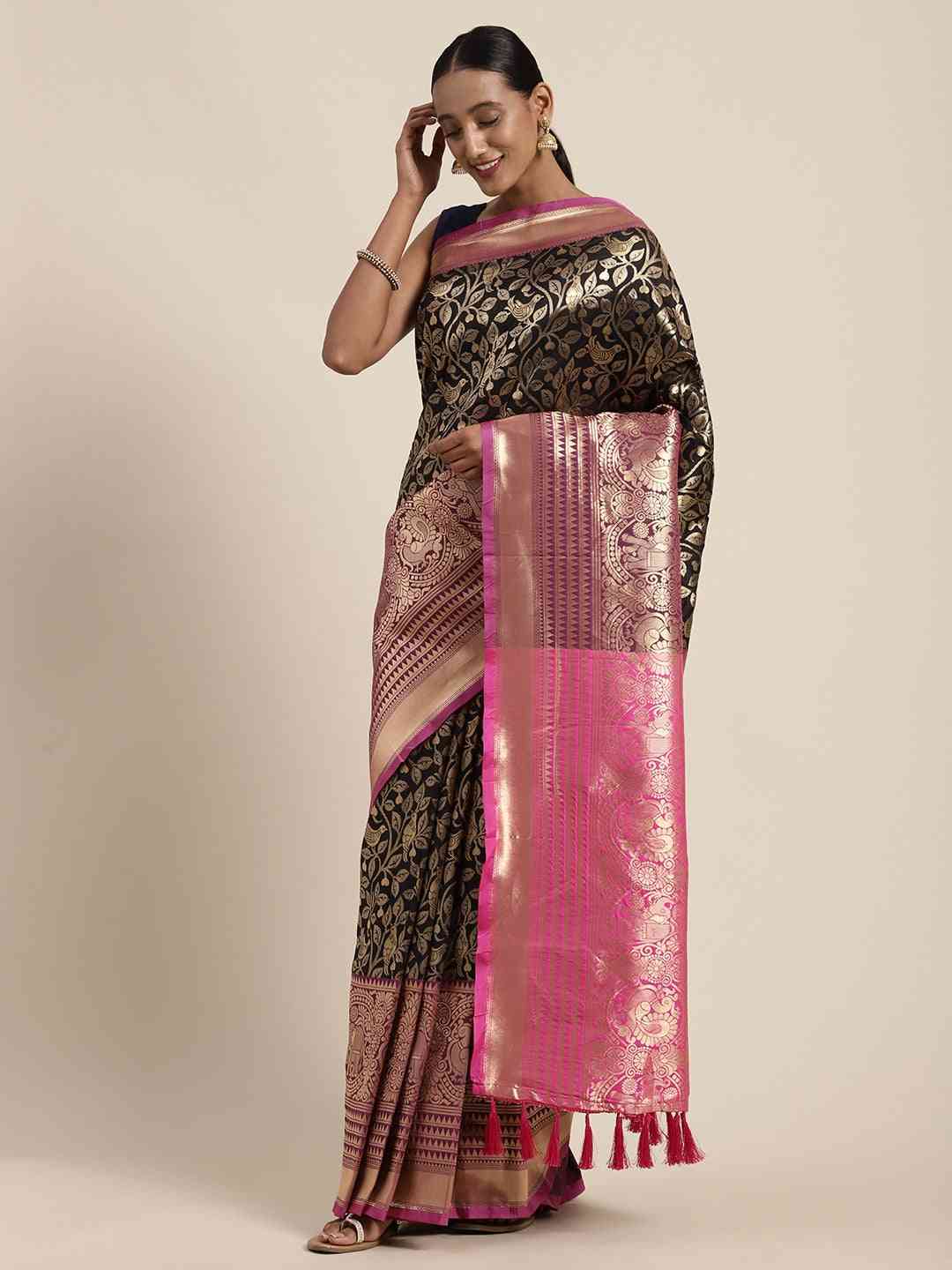 Latest Banarasi Black Colour Silk Blend Woven Design Saree