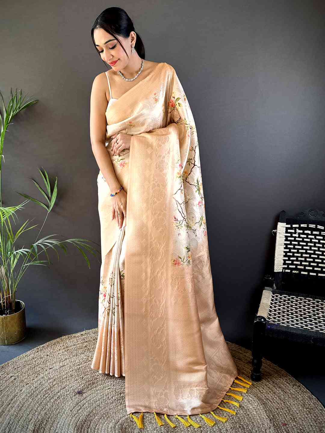 Light Peach Kanjivaram Digital Silk Saree