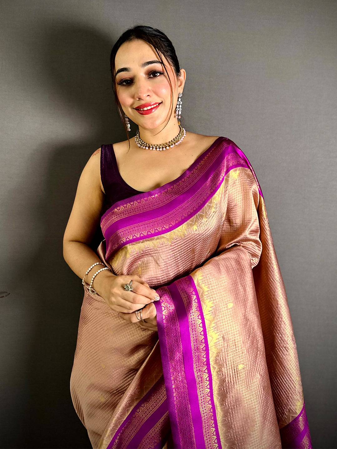 Peach Banarasi Katan Silk Gadwal Zari Saree