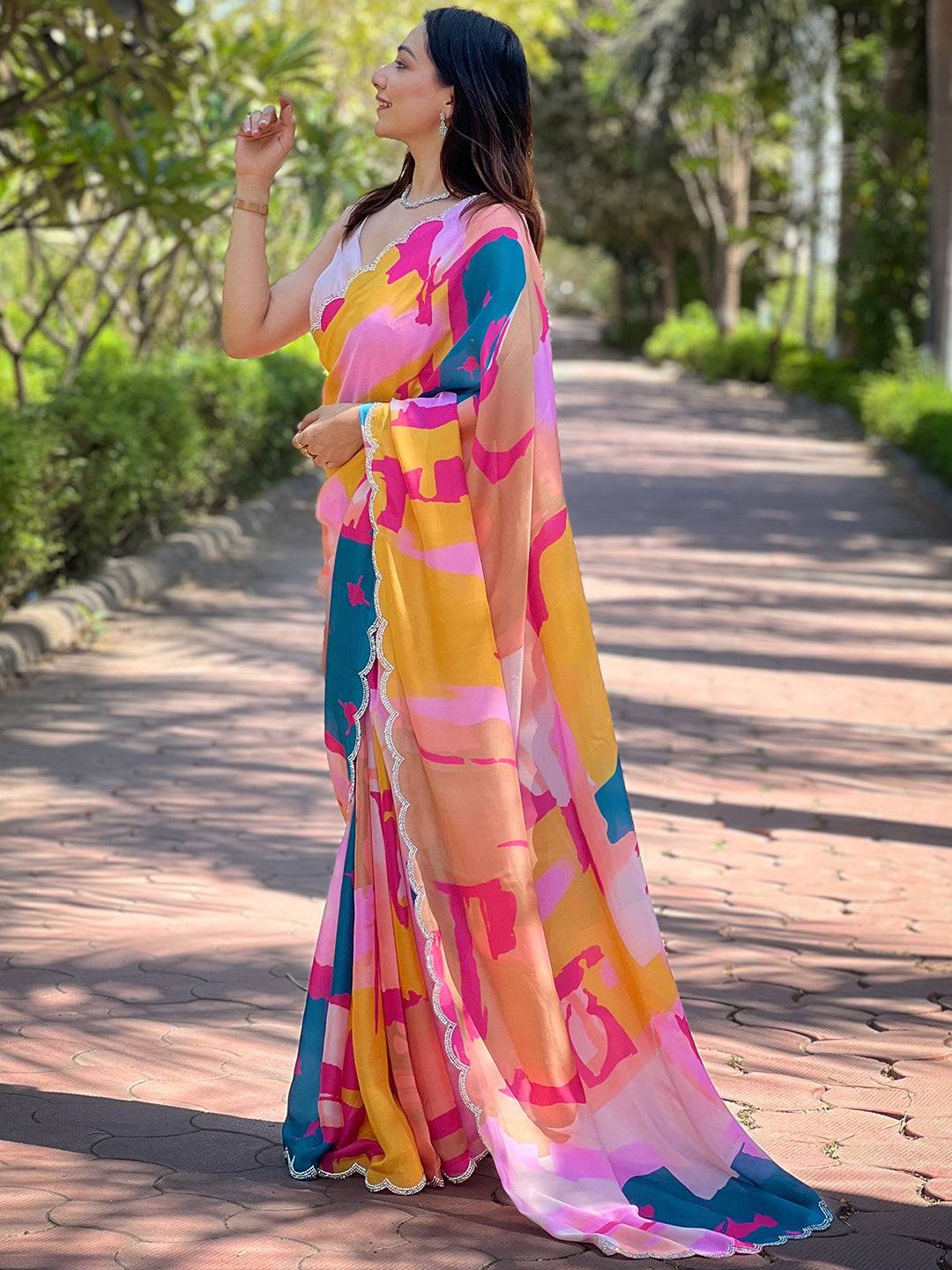 Colorful satin georgette saree with floral design