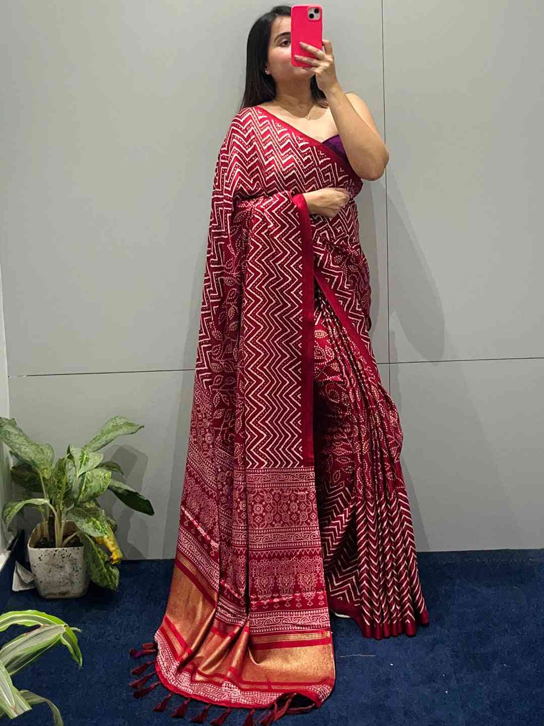 Manipuri silk saree in red with exquisite foil print details