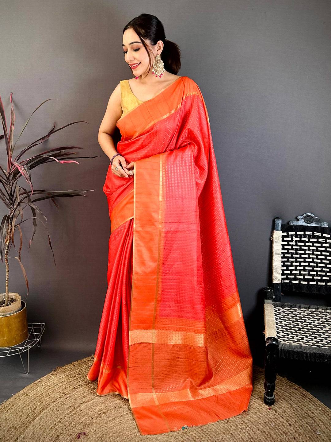 Deep Orange Tussar Gold Zari 1000 Butti Saree