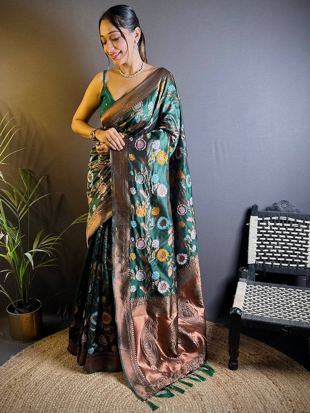 Deep Green Banarasi Silk Zari Butta Saree