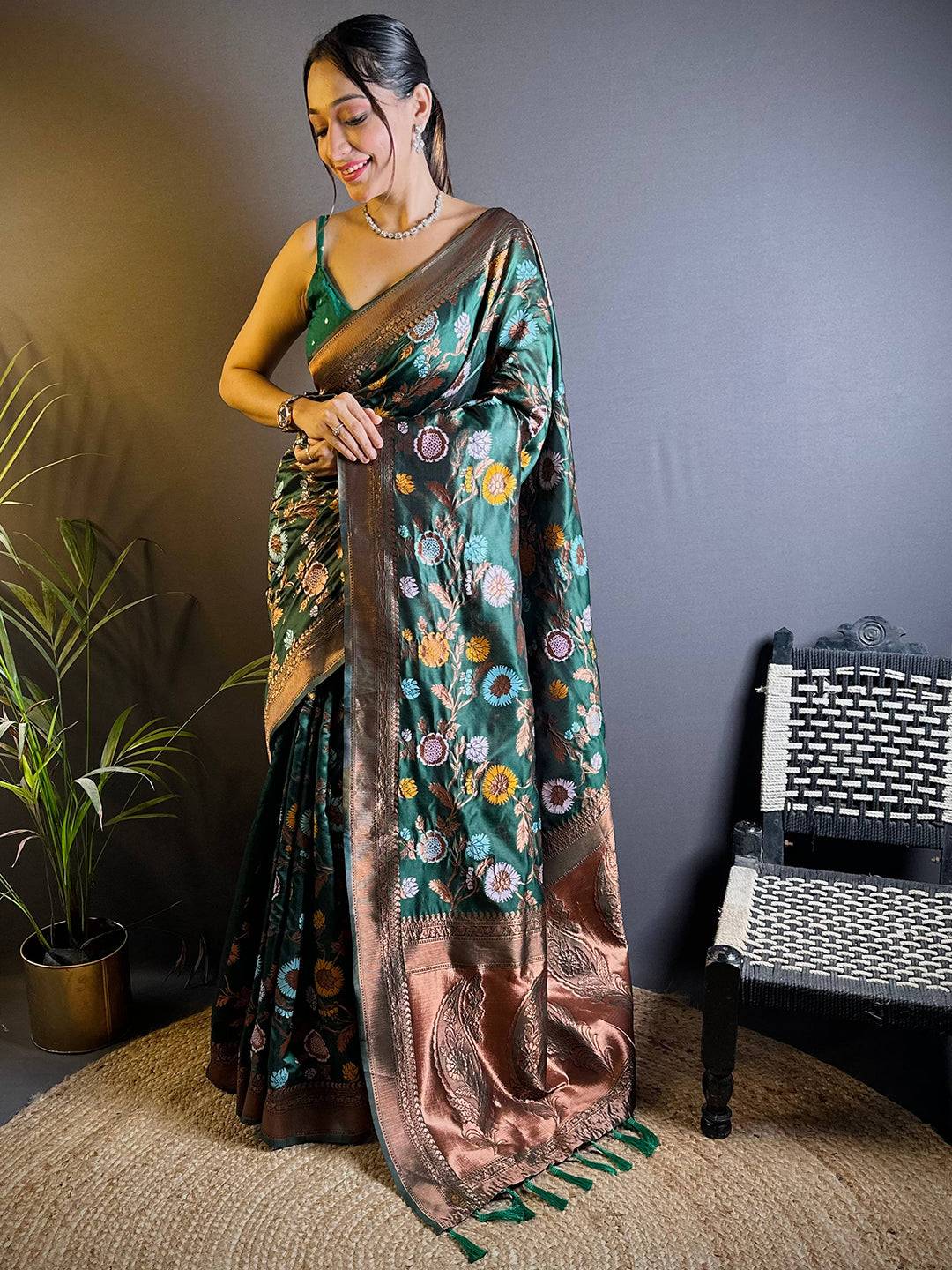Deep Green Banarasi Silk Zari Butta Saree