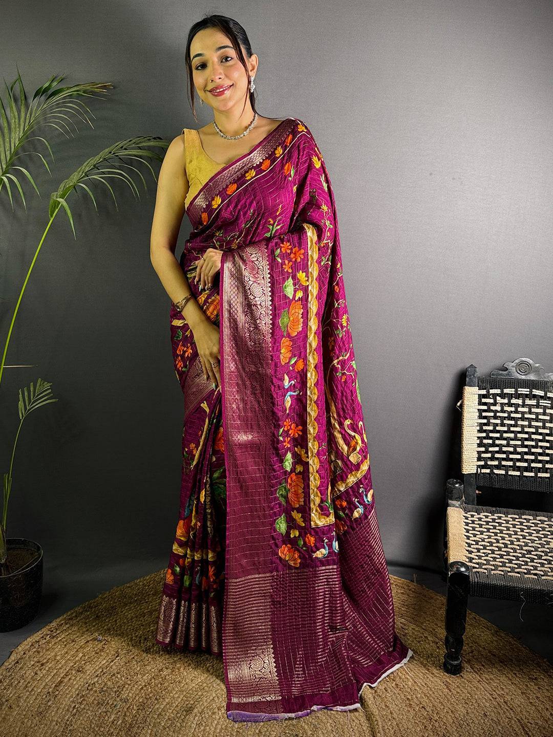 Deep Purple Pure Viscose Kalalmkari Print Saree


