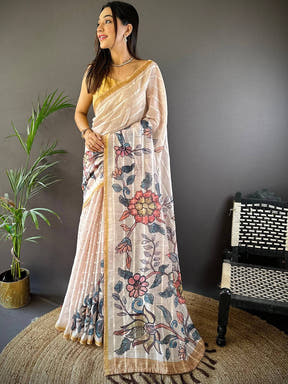 Intricate Kalamkari floral design on Linen Chanderi Saree