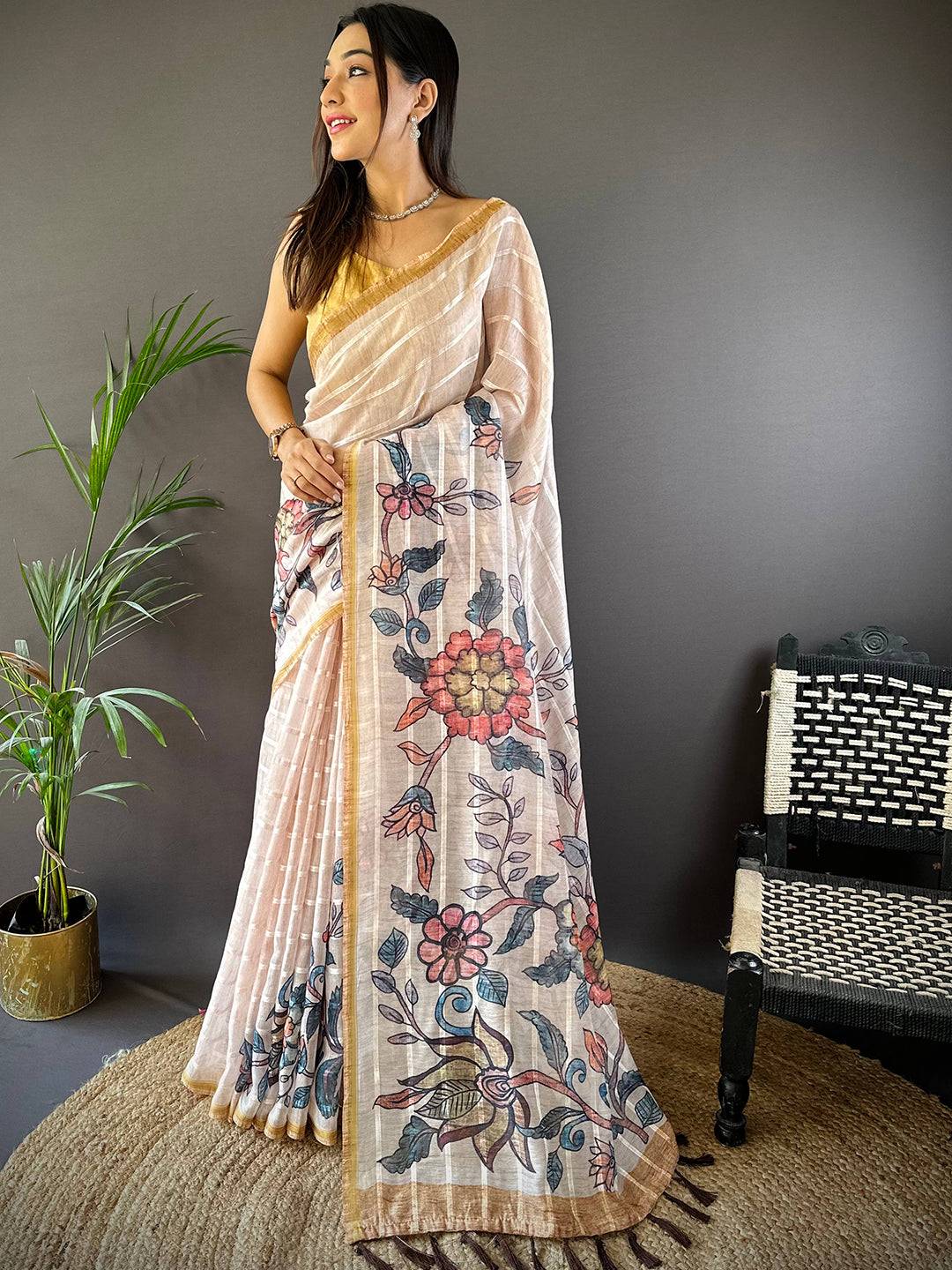 Intricate Kalamkari floral design on Linen Chanderi Saree