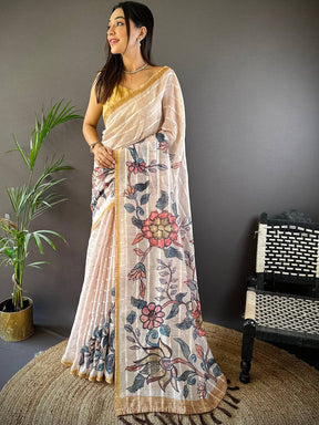 Intricate Kalamkari floral design on Linen Chanderi Saree