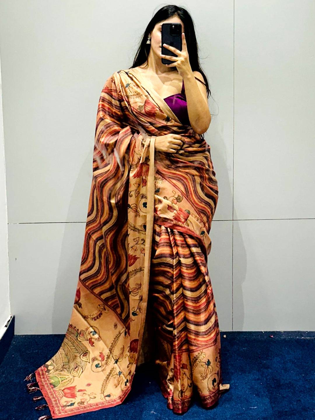 Stylish Maroon Tussar Silk Saree featuring Kalamakri and Leheriya Print