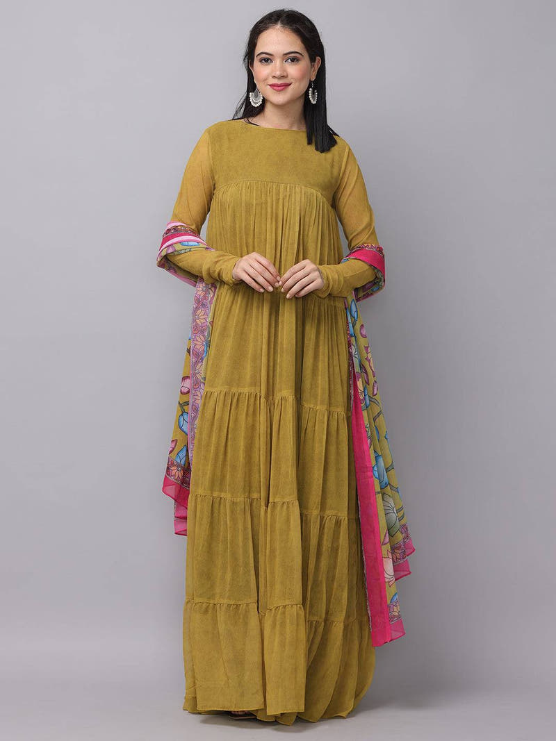 Mustard olive multi layered dress front view