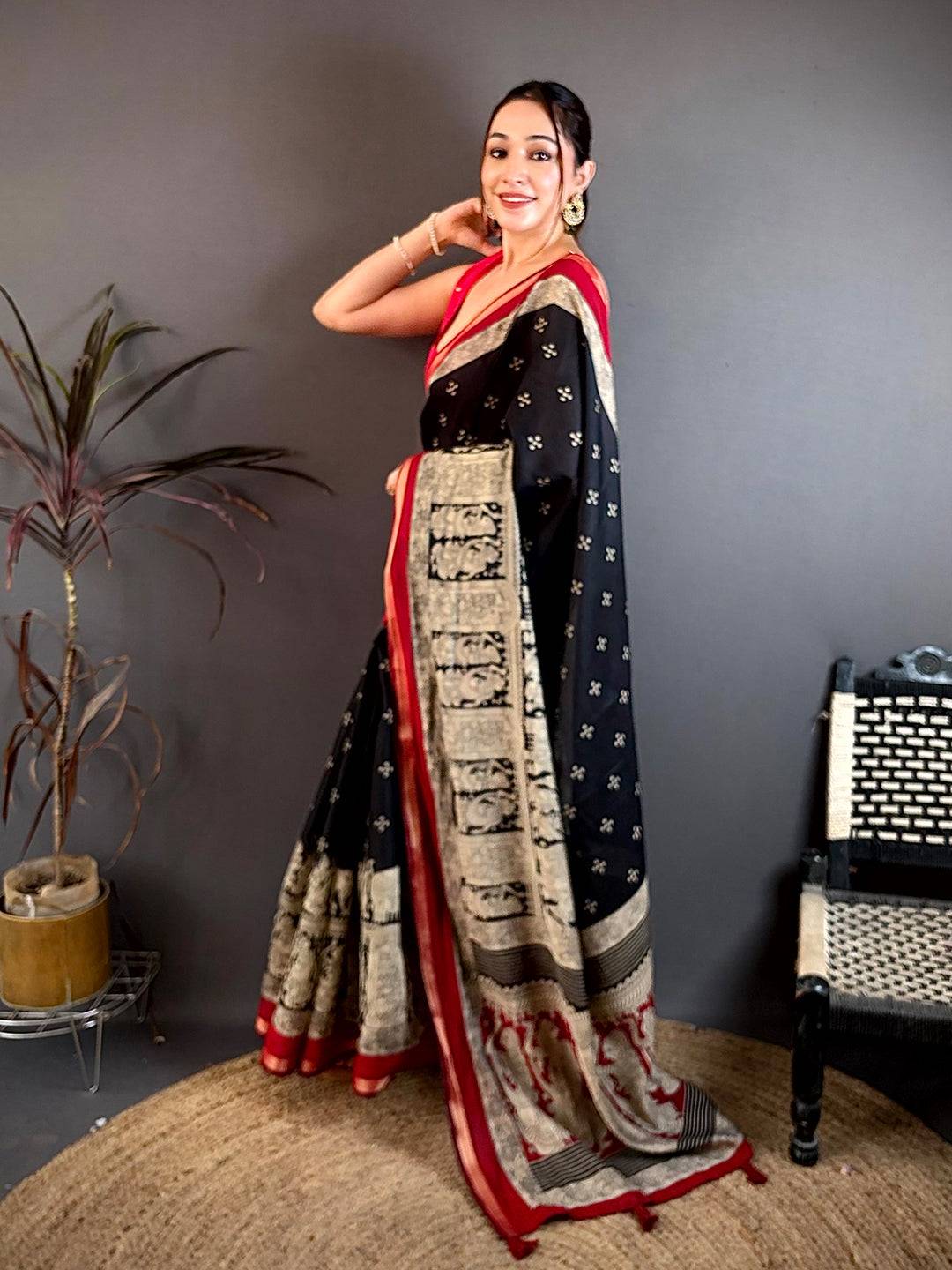 Black Mul Cotton Kalamkari Block Print Saree

