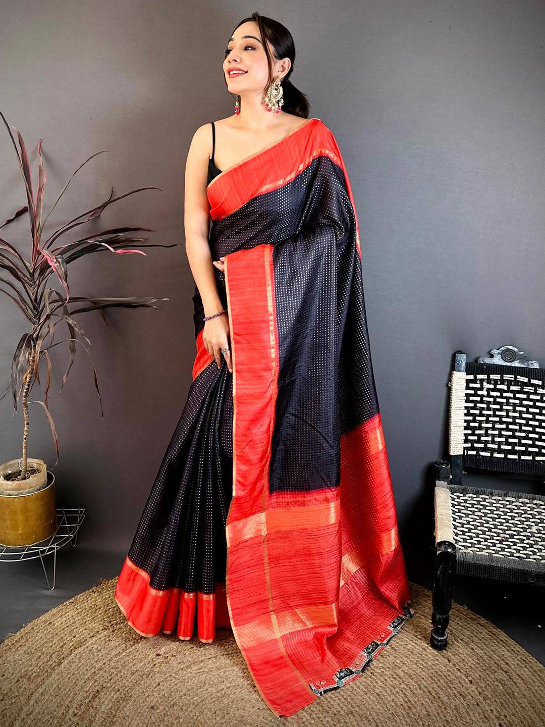 Black Tussar Gold Zari 1000 Butti Saree