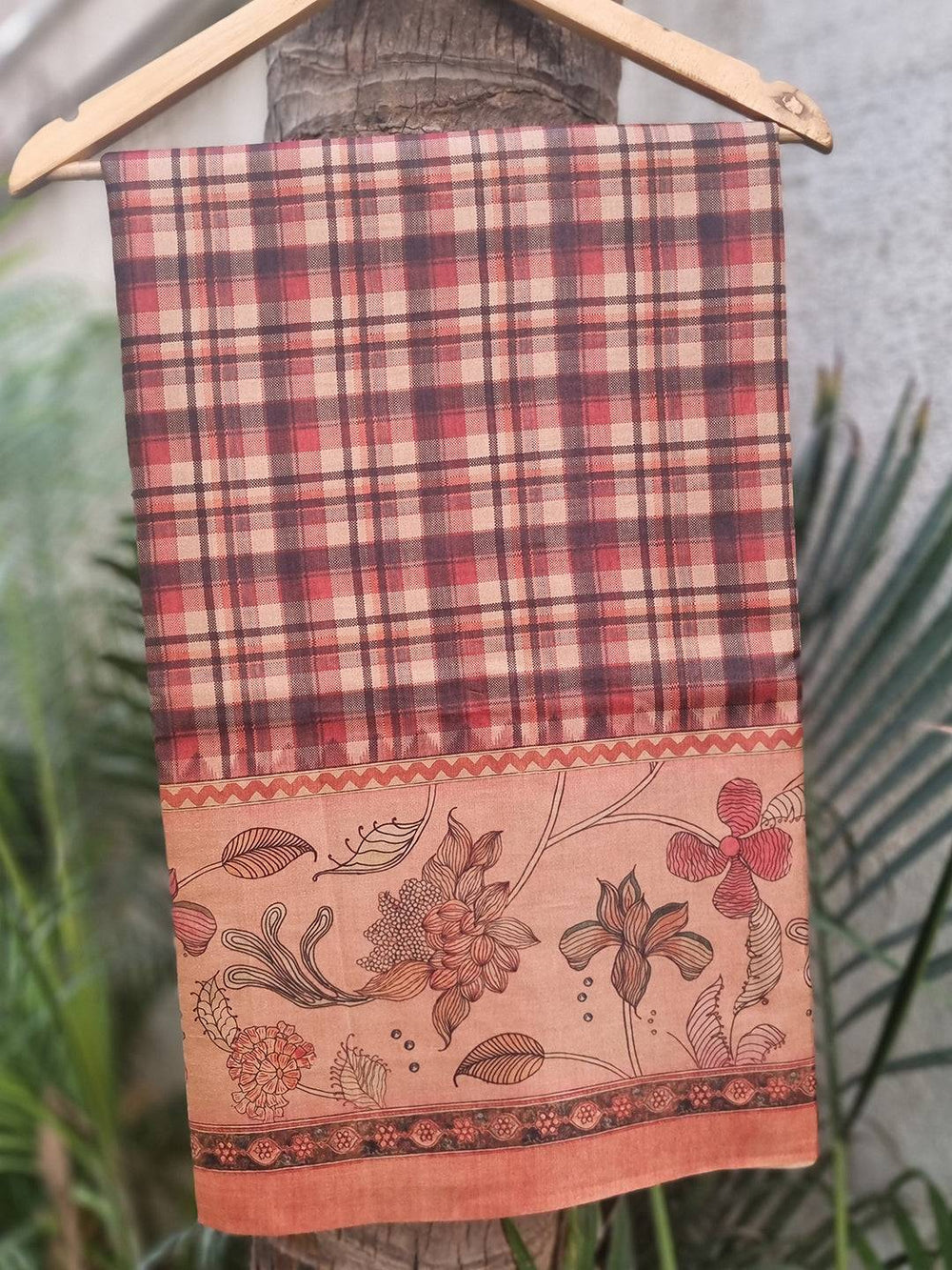 Multi colour tussar silk saree with floral kalamkari and chex motifs