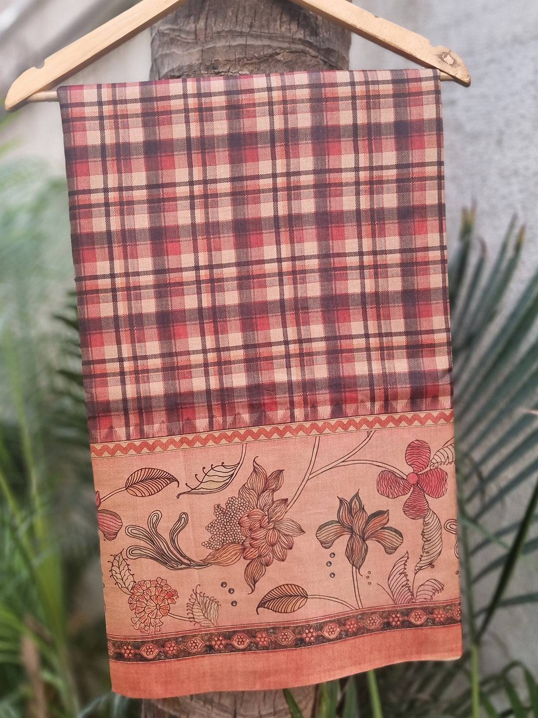 Multi Colour Tussar Silk Saree With Flower Kalamkari & Chex Motifs