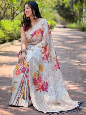 Grey Lakhnavi Bandla Zari Weaving Saree

