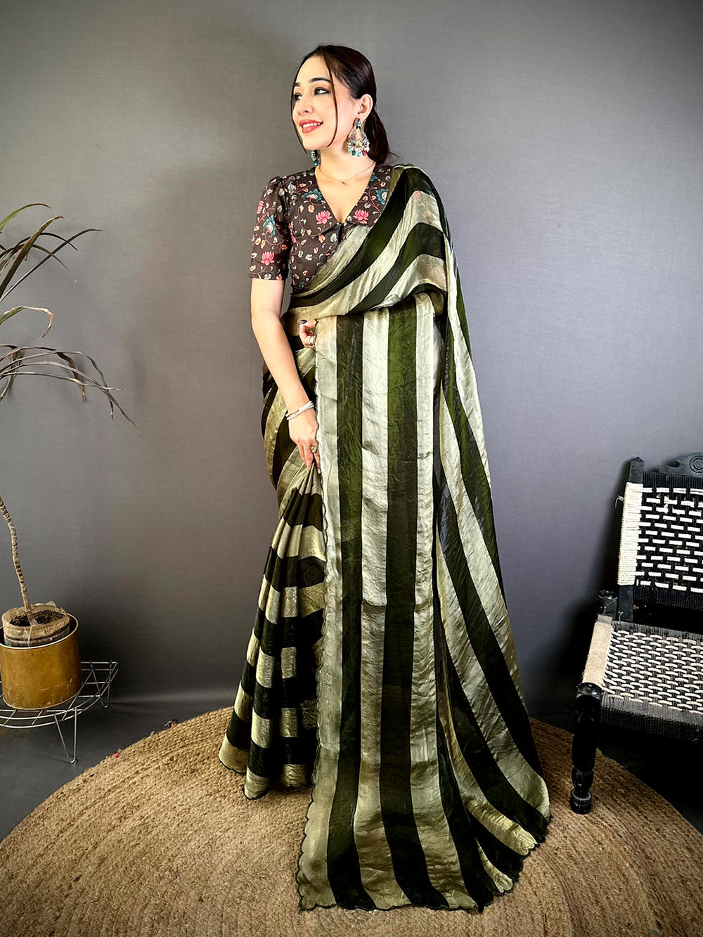 Opulent Shiny Silk Striped Print Saree