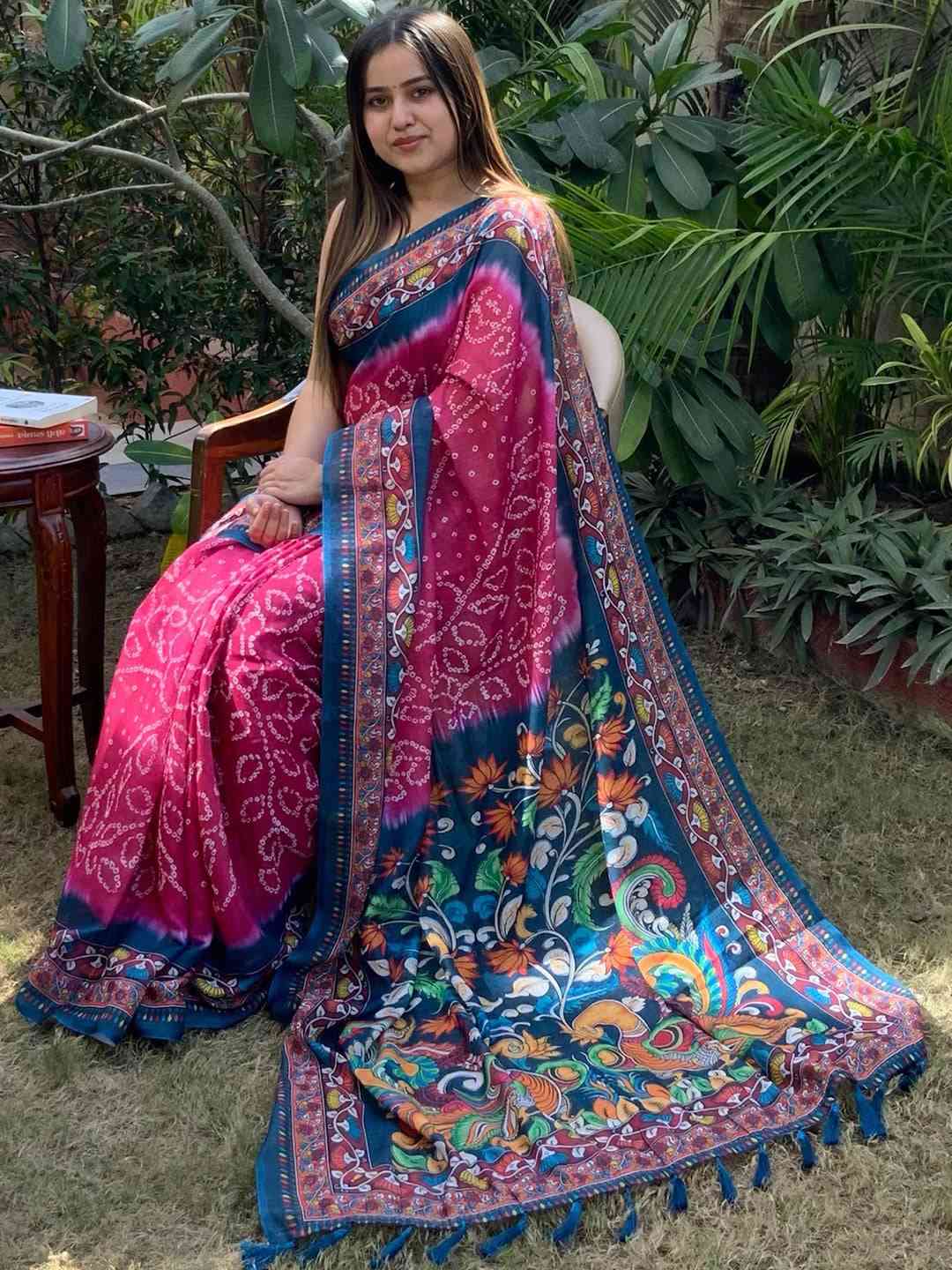 Pink Linen Bandhej Kalamkari Saree with floral border Vastranand 