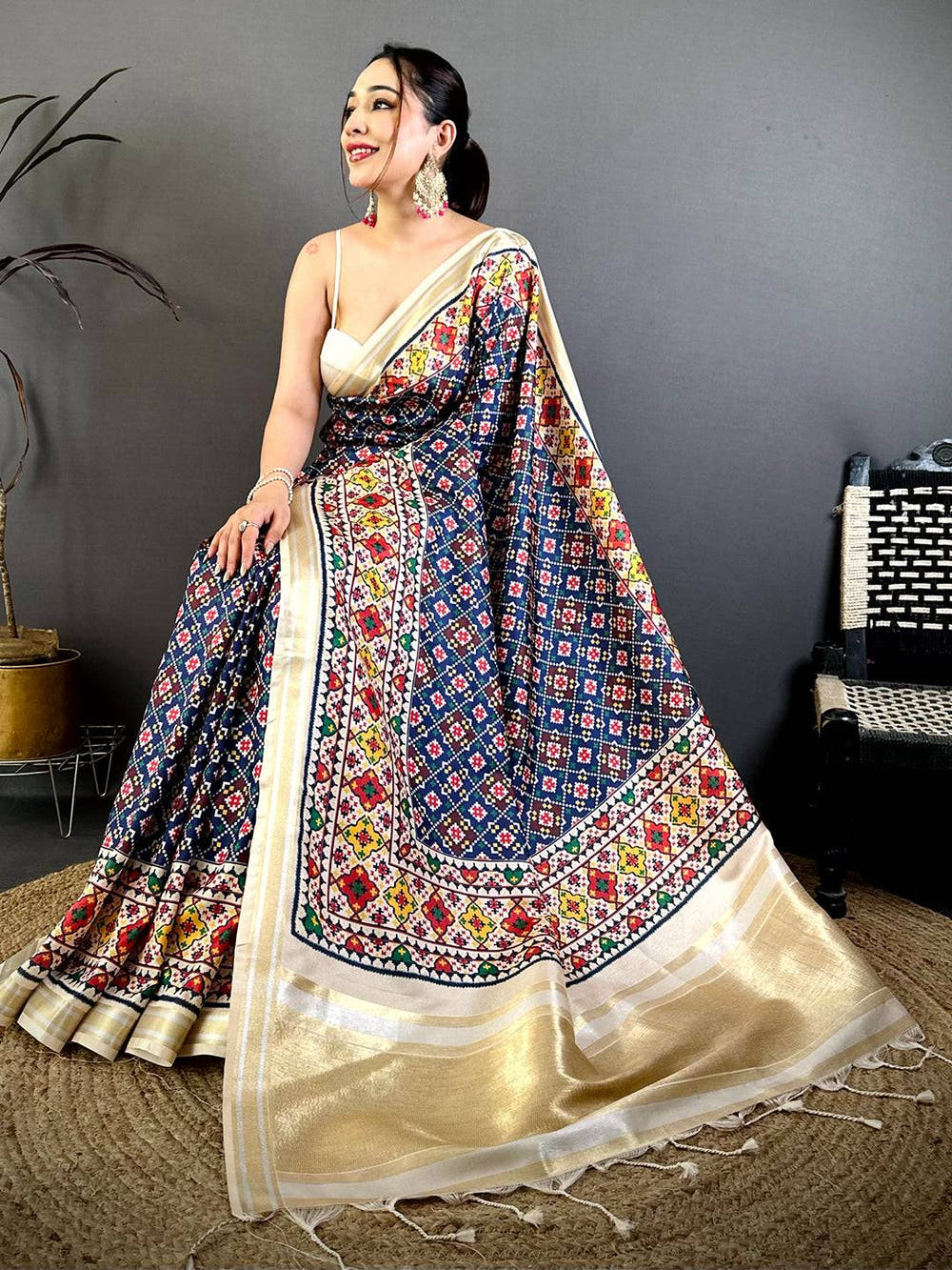Navy Ethnic Digital Ikkat Kanchi Saree