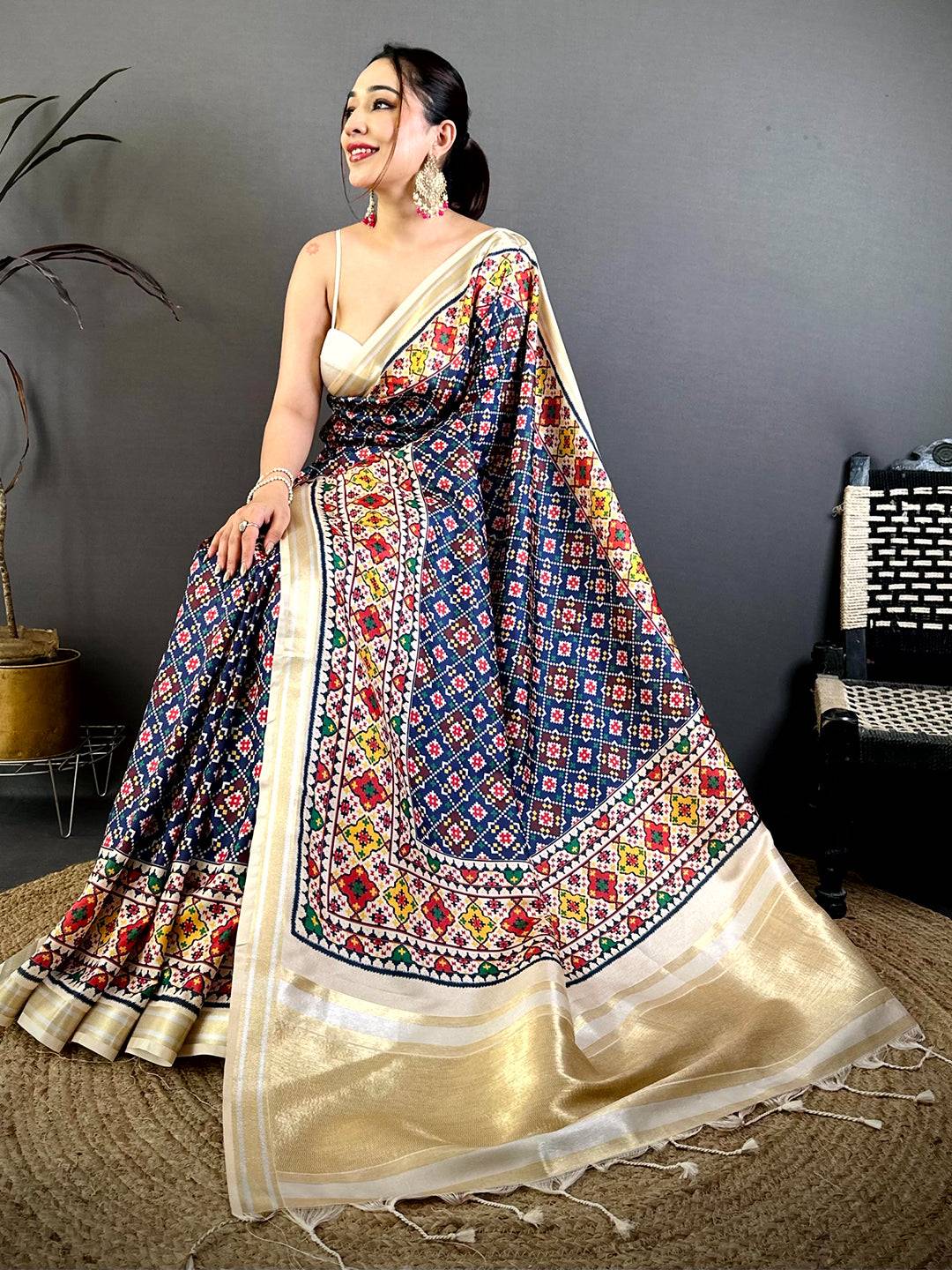 Navy Ethnic Digital Ikkat Kanchi Saree
