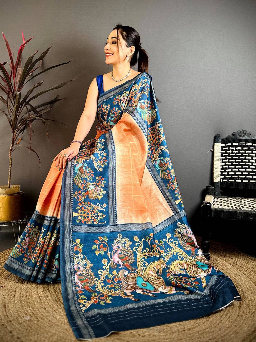 Light Orange Pen Kalamkari Saree