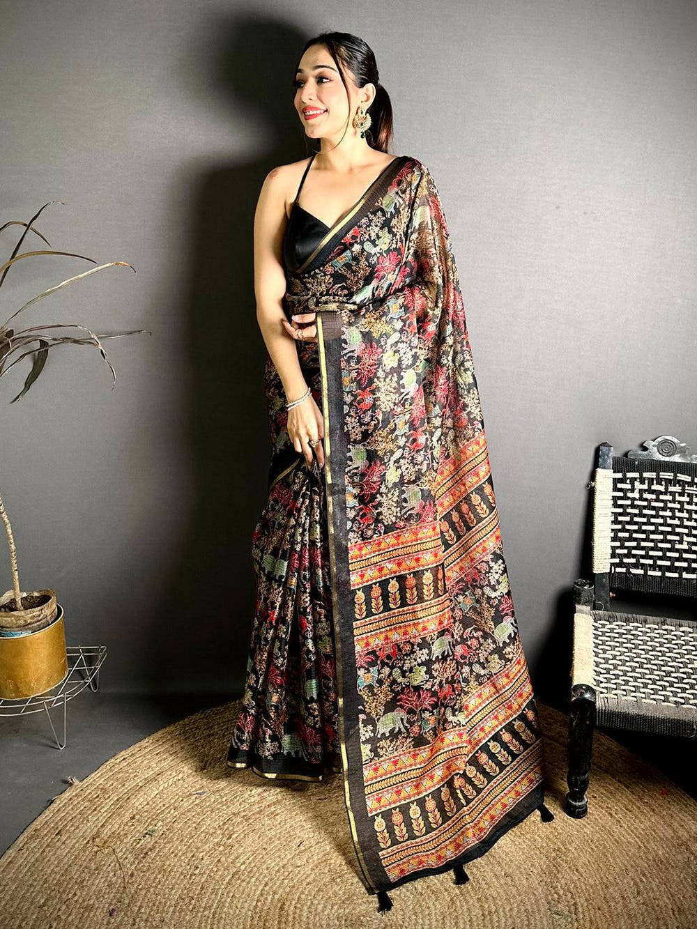 Black Kota Doriya Kalamkari Print Saree