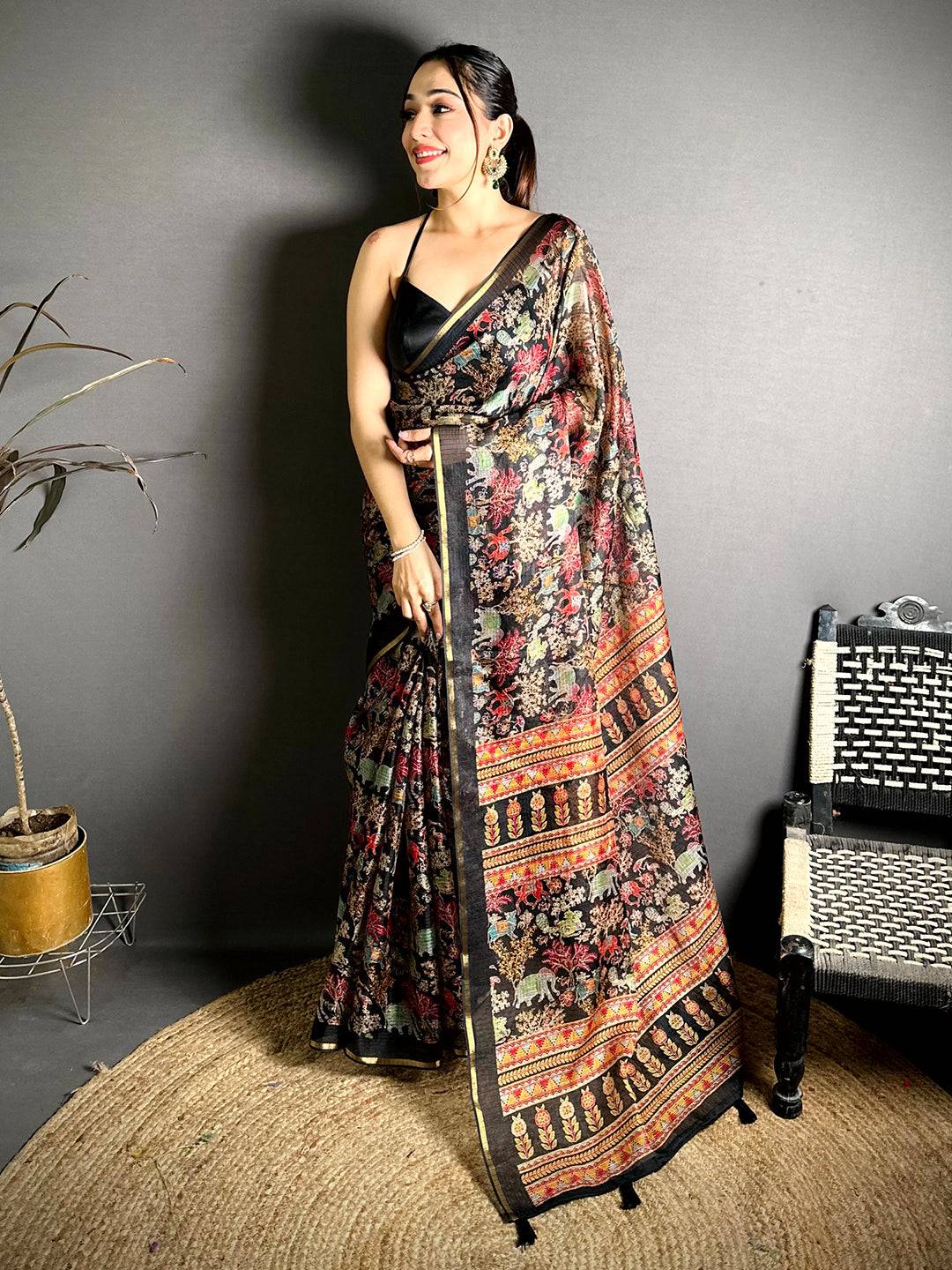 Black Kota Doriya Kalamkari Print Saree