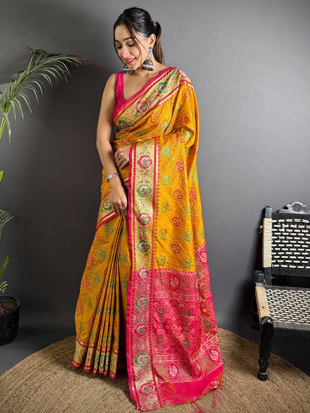 Elegant Yellow Pochampally Patola Silk Saree

