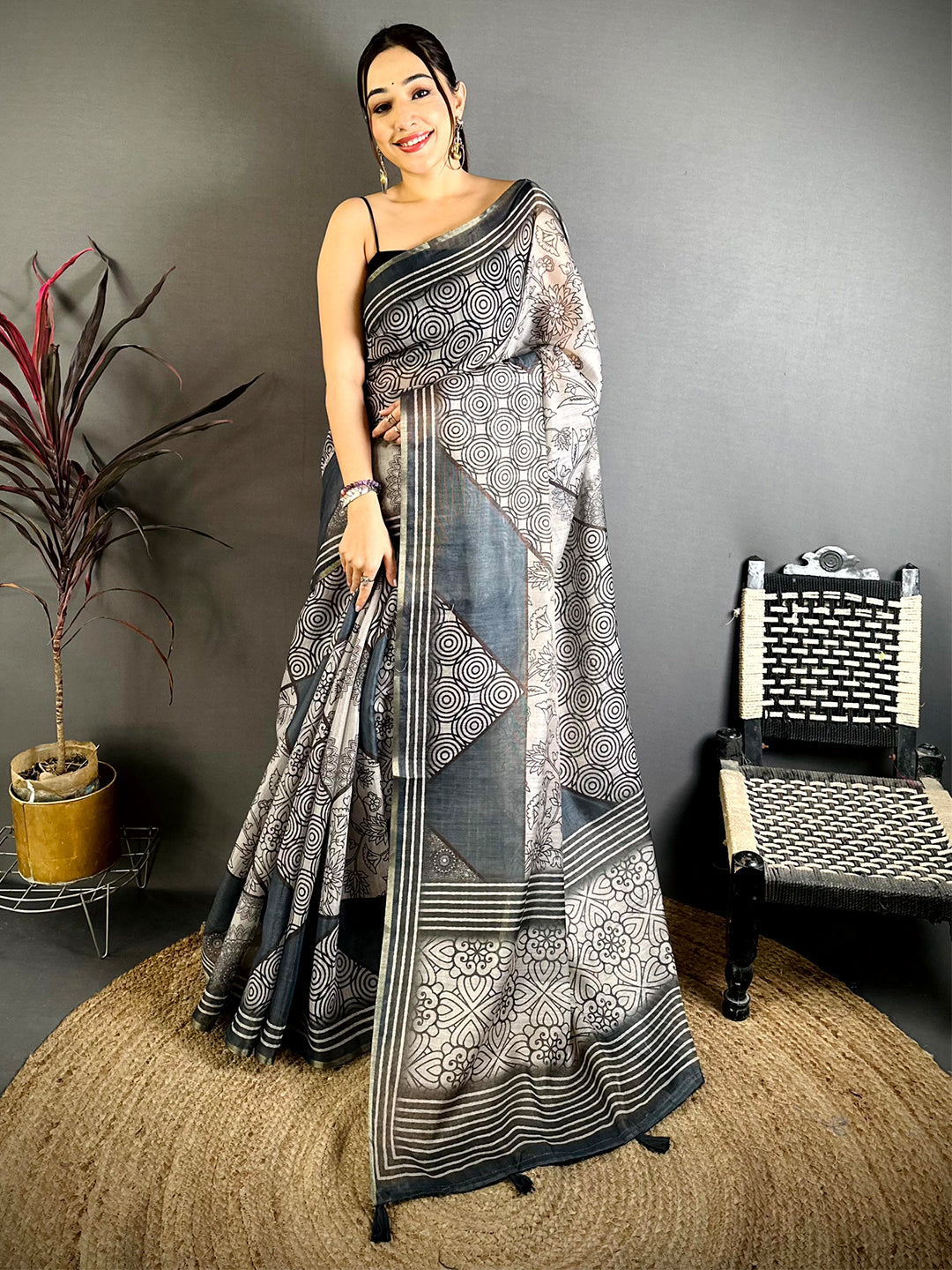 Radiance Ajrakh Print Linen Saree


