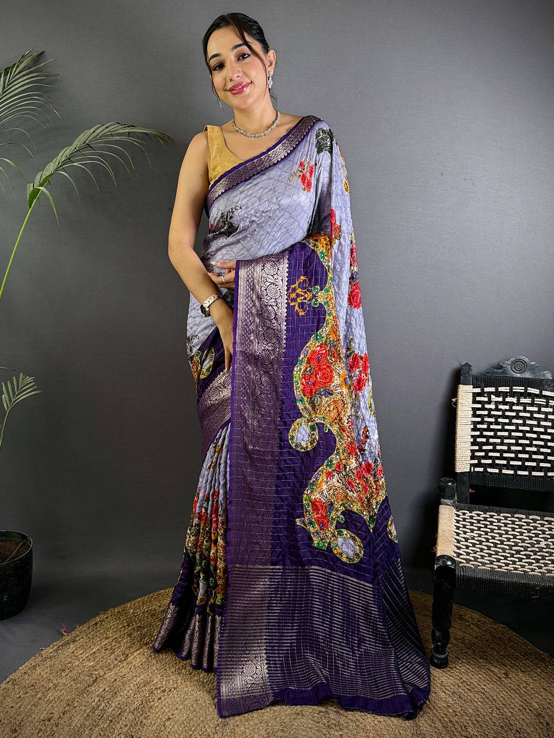 Lavender Pure Viscose Floral Printed Saree