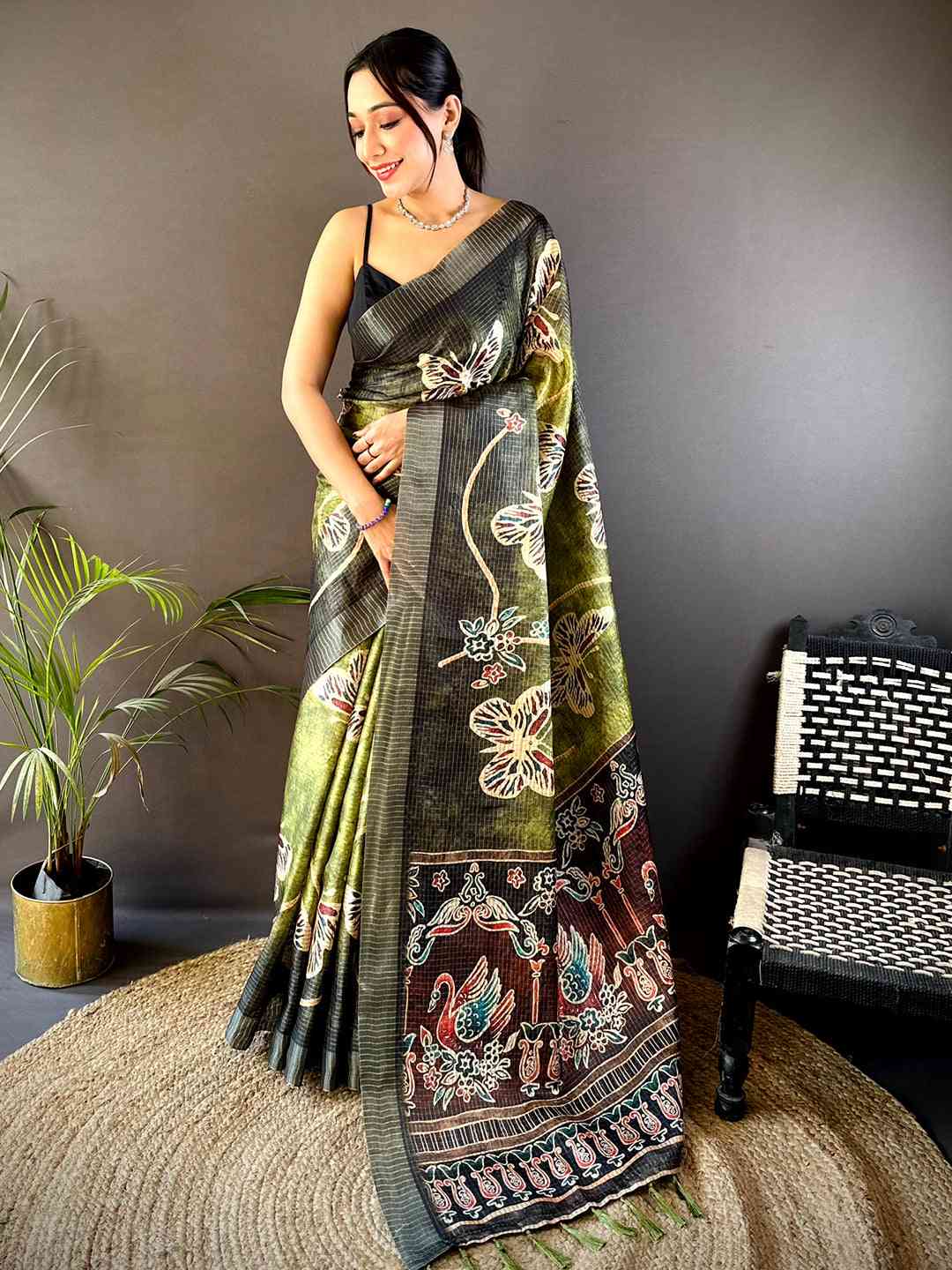 Olive Tissue Chanderi Digital Check Saree
