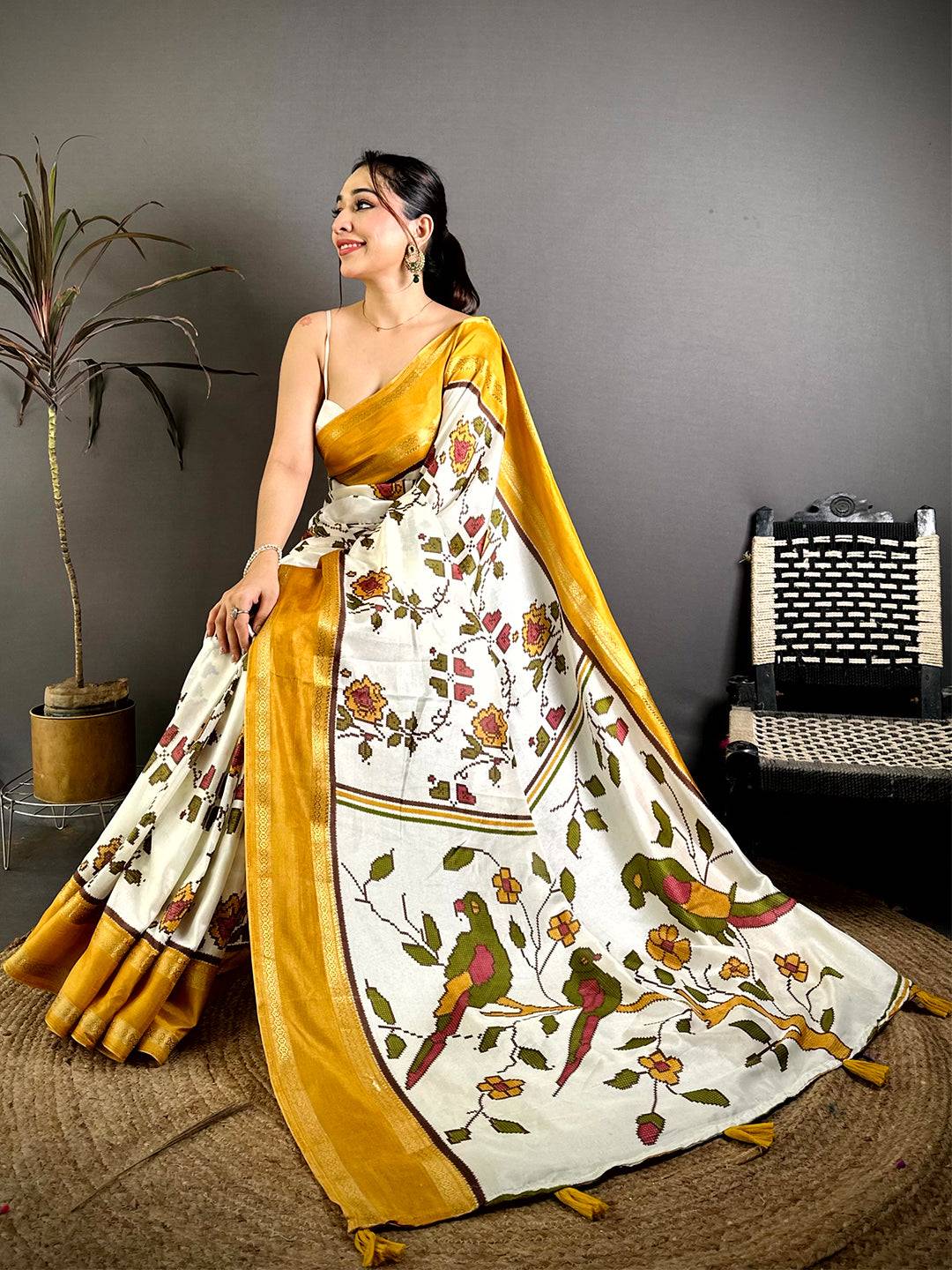 Mustard Soft Dola Floral Print Gadwal Border Saree