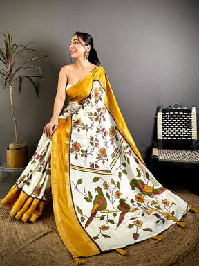 Mustard Soft Dola Floral Print Gadwal Border Saree