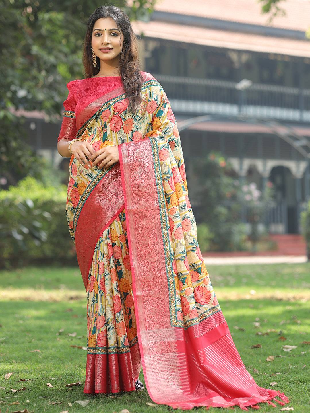 Yellow Colour Phulkari Design Zari Weaving Pallu Saree