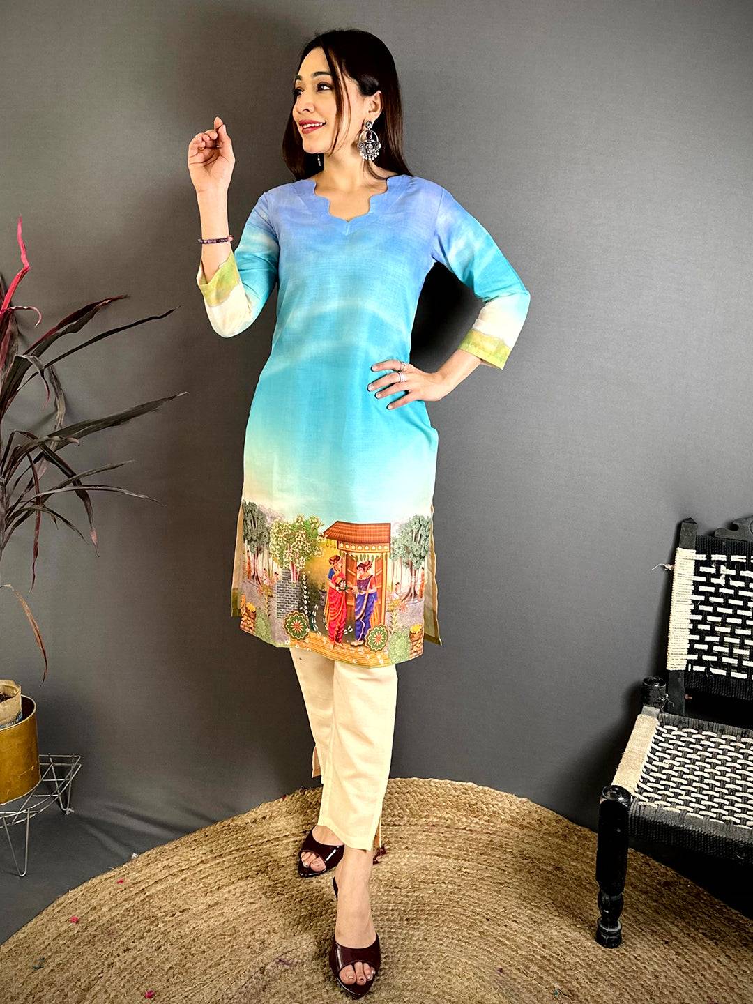 V Wave Neck Mul Cotton Kurti