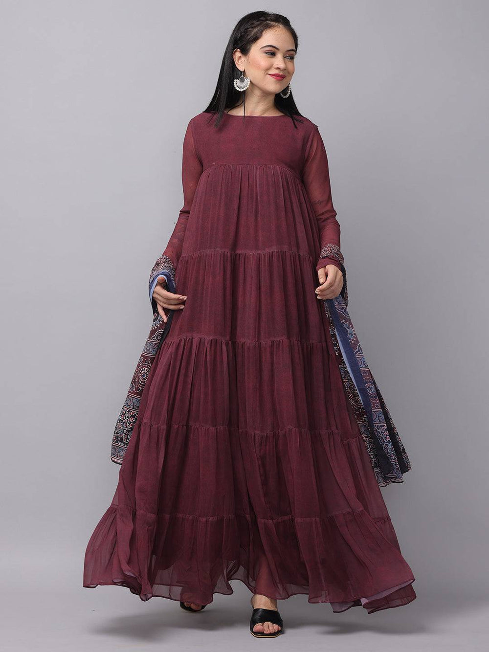 Mulberry round neck long dress with floral dupatta
