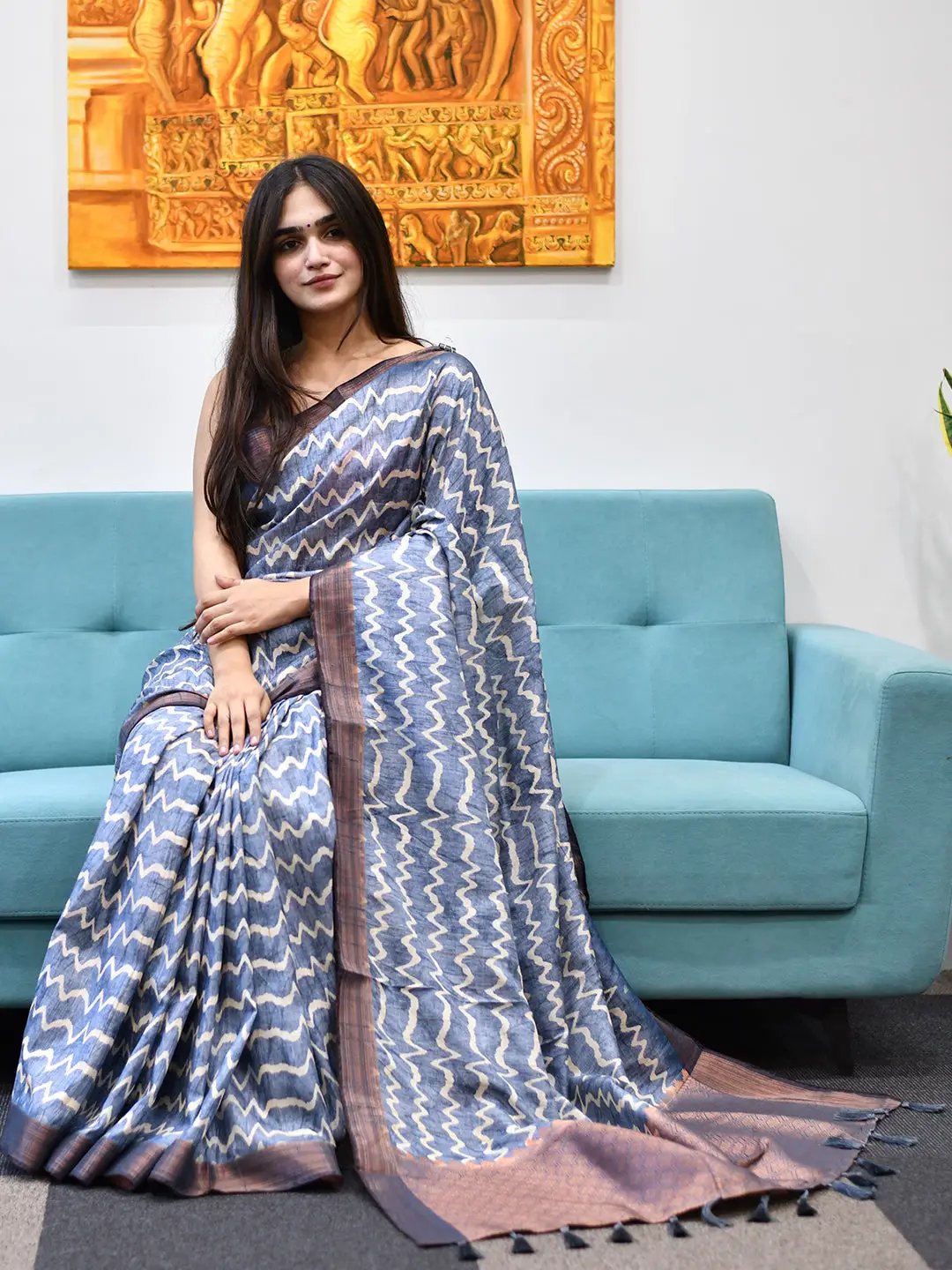 Model wearing Pure Tussar Silk Geometric Print Ghicha Saree