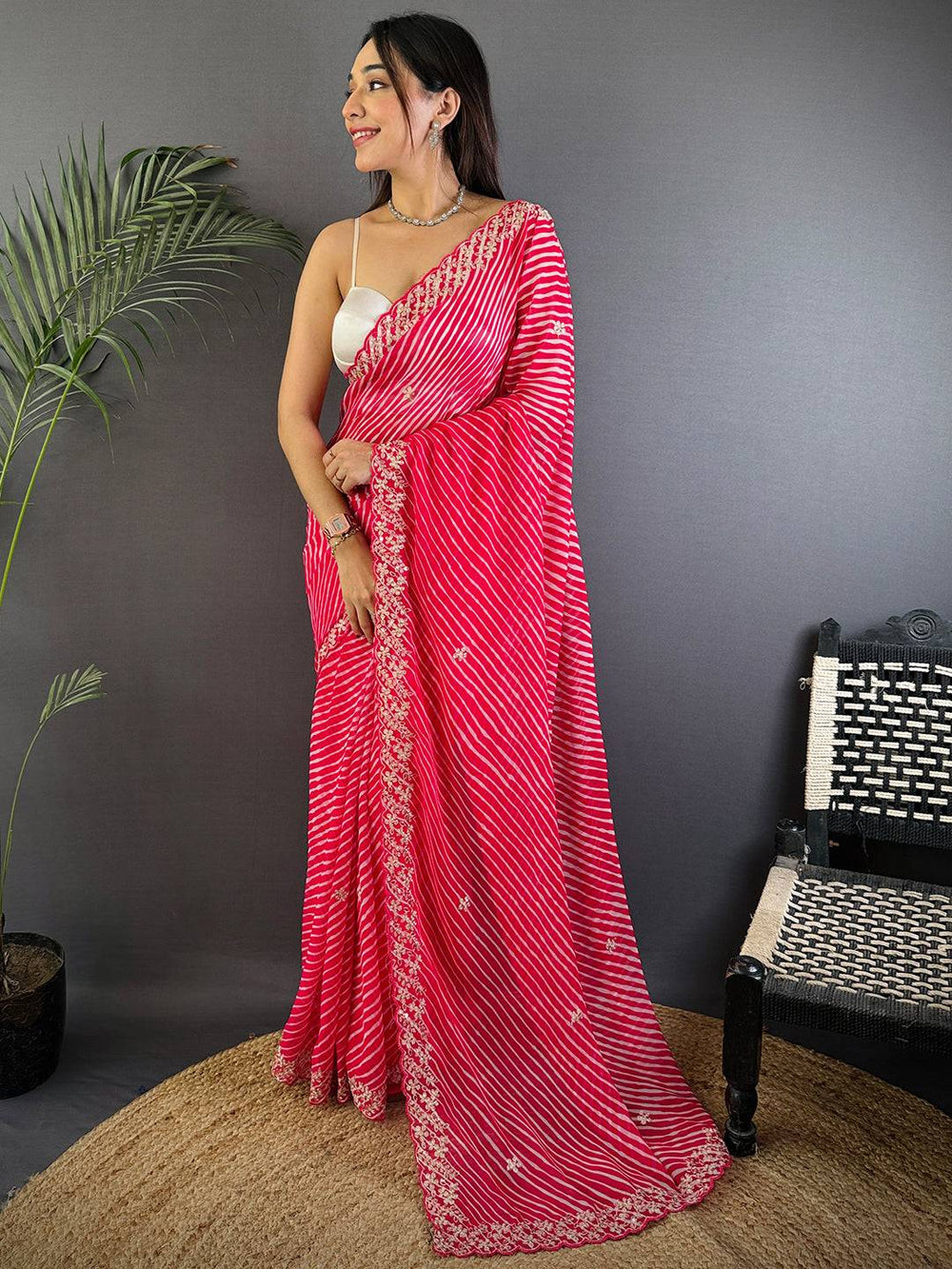 Pink Soft Georgette Bandhej Print Saree