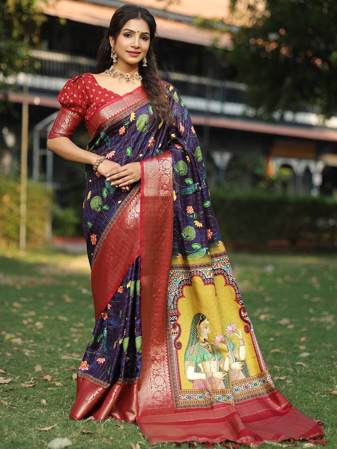 Navy Colour Pure Viscose Dola Silk Saree With Mughal Motifs