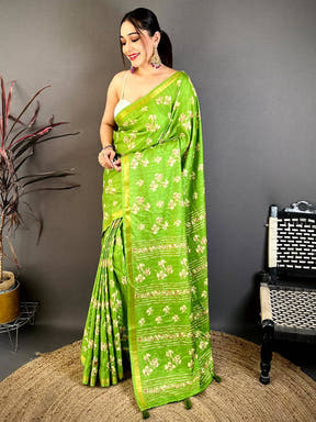 Green Tussar Ghicha Batik Floral Print Saree