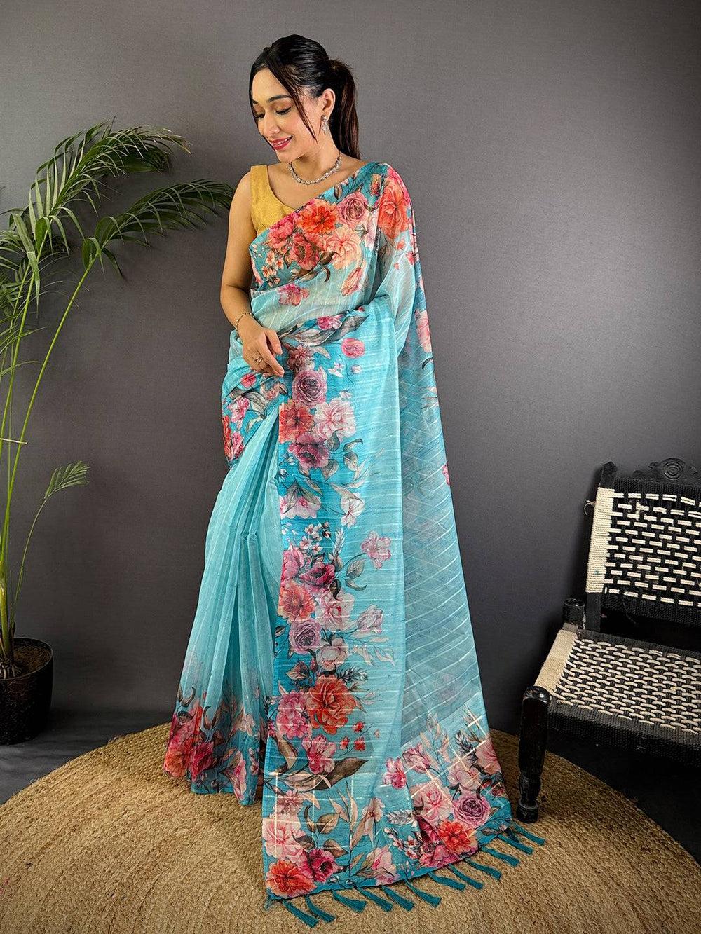 Sky Blue Soft Organza Digital Floral Saree
