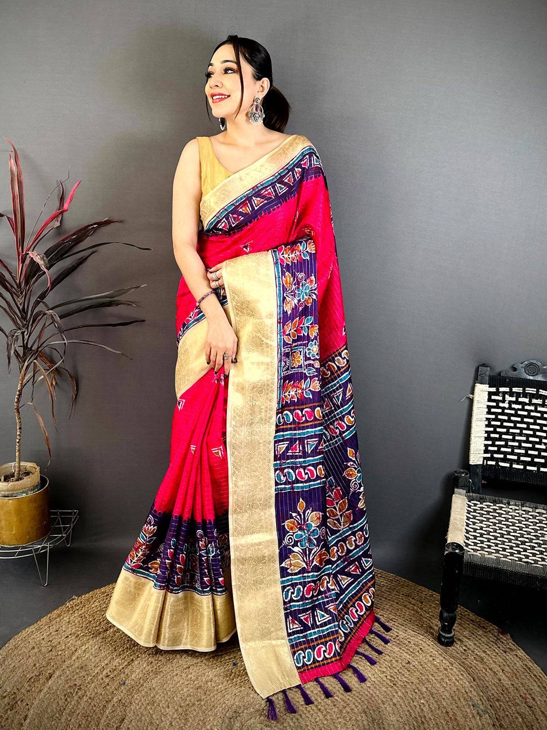 Rani Pink Dola Kalamkari Zari Stripe Saree