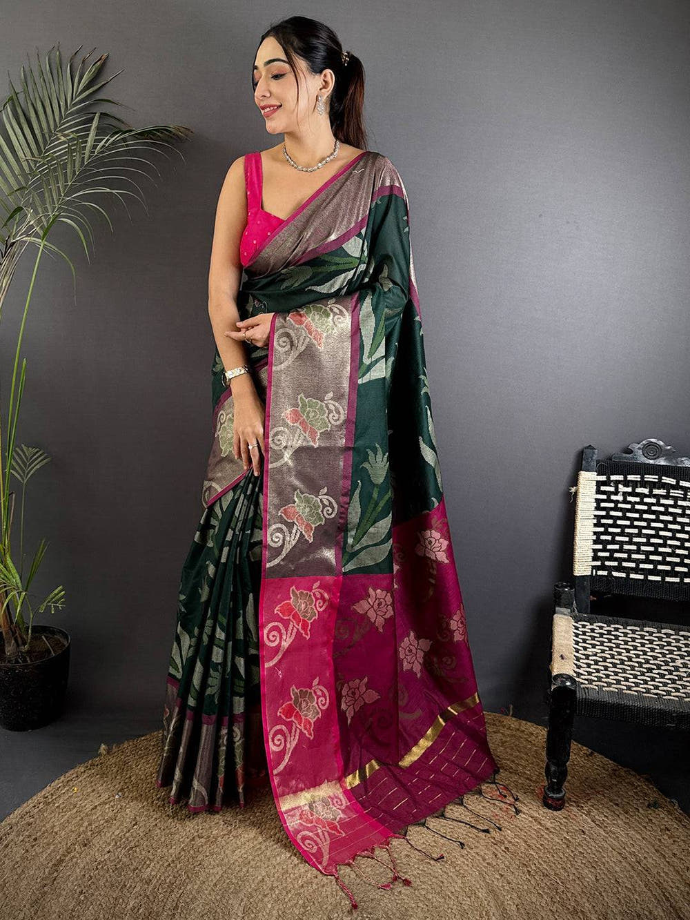 Green Soft Chanderi Pochampally Ikkat Saree


